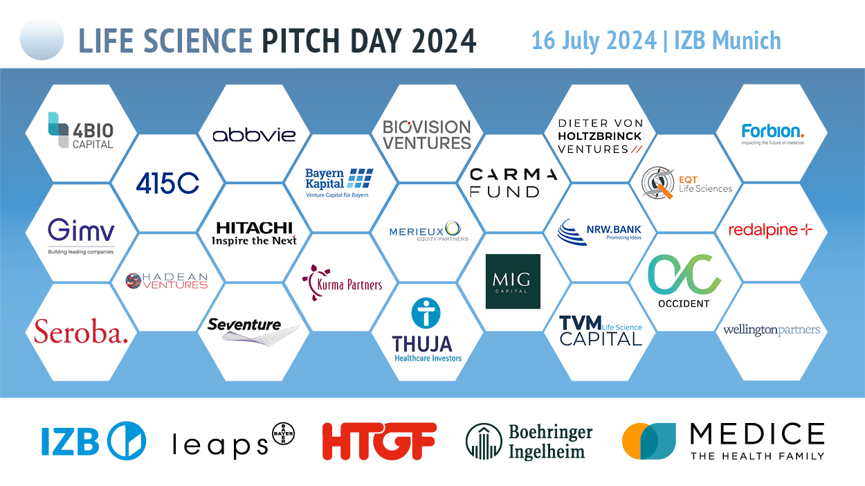 Grafik zum Life Science Pitch Day 2024: weiße Waben mit Logos auf blauem Grund