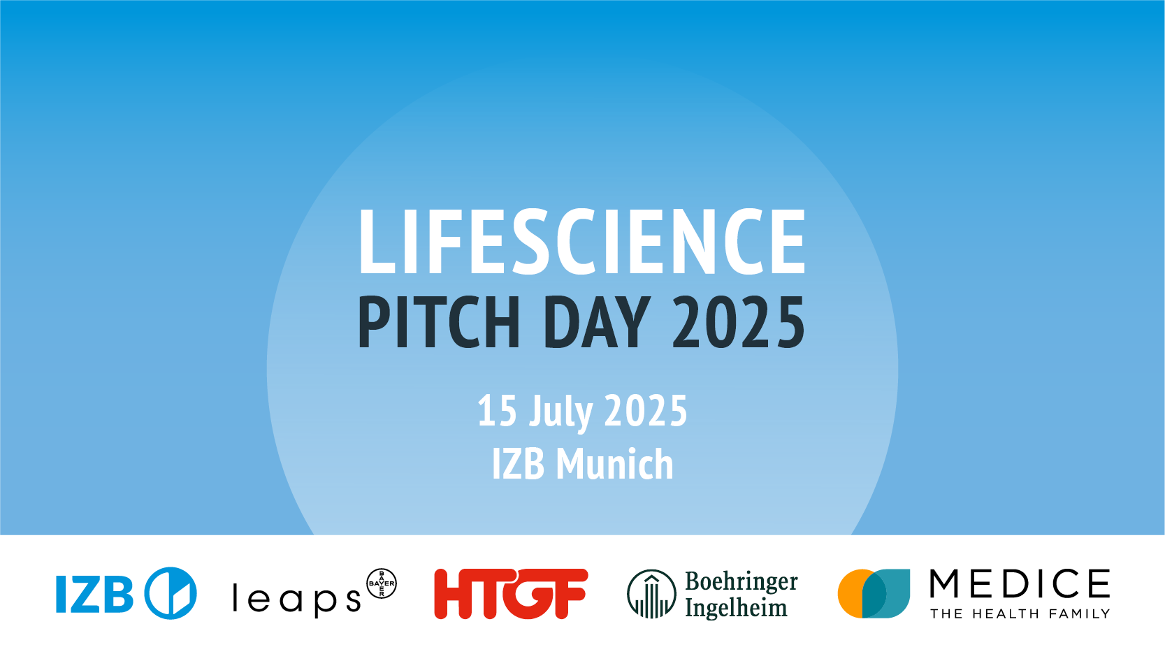 Grafik zum Life Science Pitch Day 2025: Text auf Verlaufshintergrund
