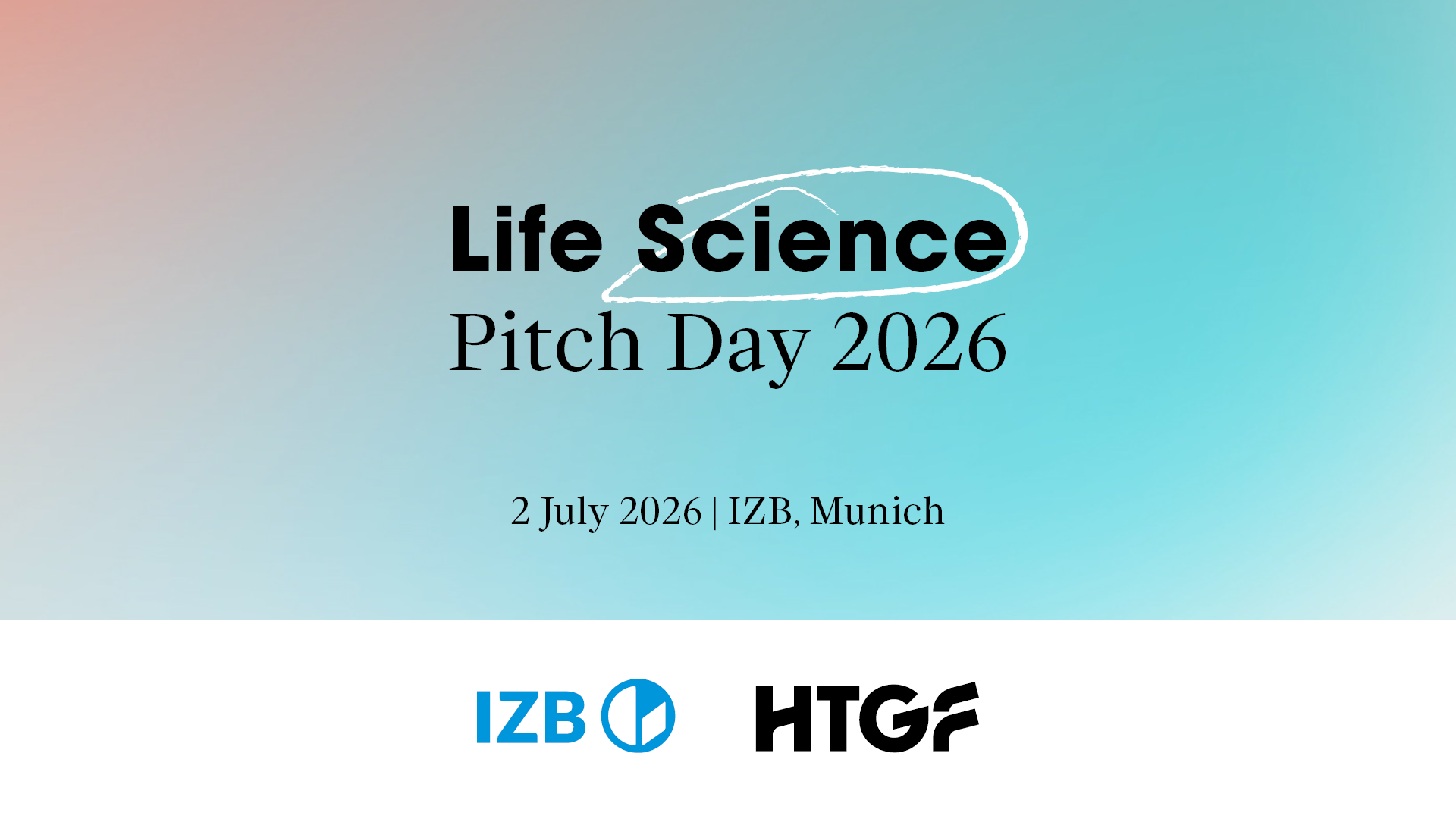 Grafik zum Life Science Pitch Day 2026: Text auf Verlaufshintergrund